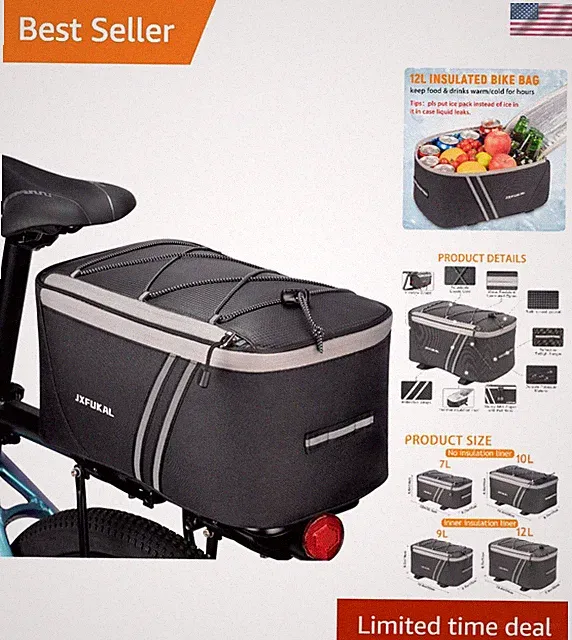 12L Waterproof Insulated Bike Rack Bag with Reflector for Safe Commuter Rides