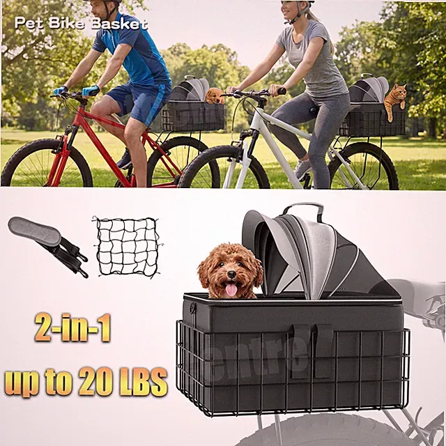 2-in-1 Bike Rear Pet Basket Detachable Handlebar Bag for Dogs, 20lbs Load Limit