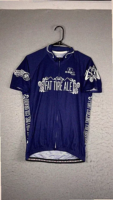 Capo Fat Tire Ale Cycling Jersey Mens Large Blue Full Zip Beer Shirt Colorado
