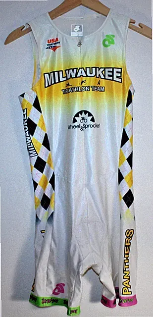 Champ-Sys Mens Cycling Padded Triathlon Tri Jersey & Bib Short Suit MED 1-Piece~