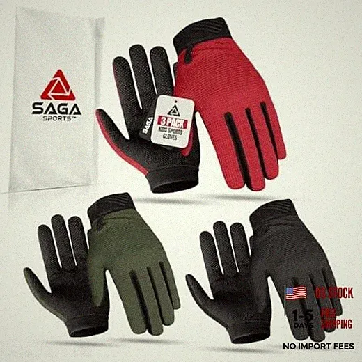 Kids 3 Packs Cycling Gloves - Full Medium (6-8) Army Green - Black Red