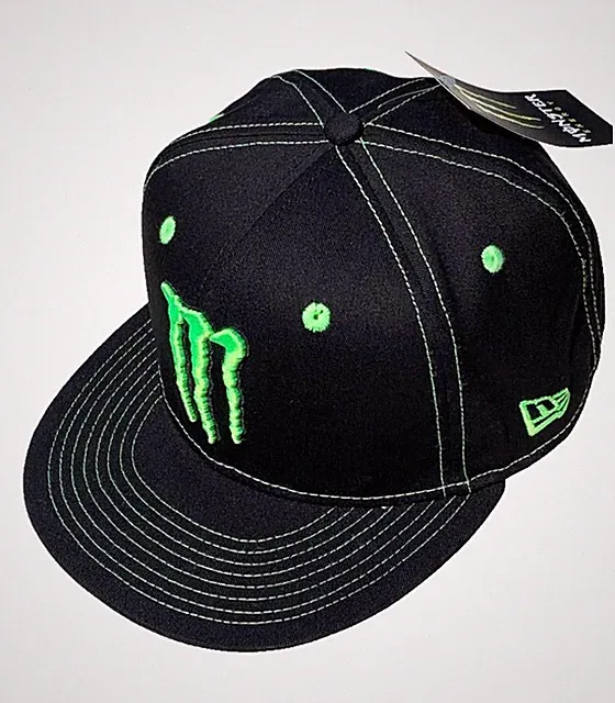M Black Flat Brim Ball Cap w/Neon Green Constrast Stitch. MotoGP. Motor Bike.