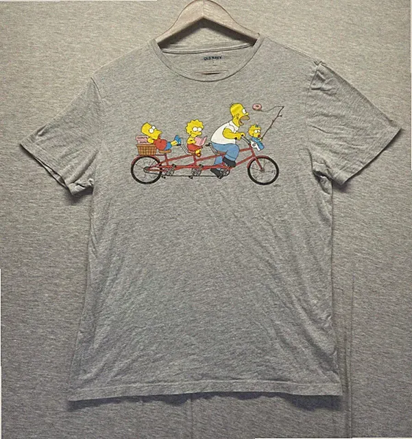 Old Navy T Shirt Men Small Heather Gray Graphic The Simpsons Tandem Bicycle Logo