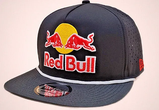 R Black Flat Brim Performance Cap w/White Rope. 3 Logos. BMX. MotoGP. Motocross.