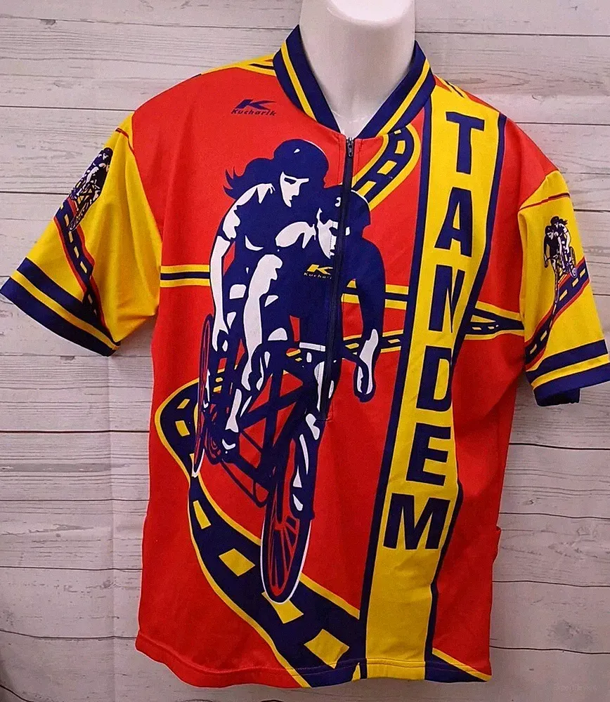 Vtg KUCHARIK Tandem Mens Bicycle Cycling Jersey Red Yellow USA XXL Chest 44